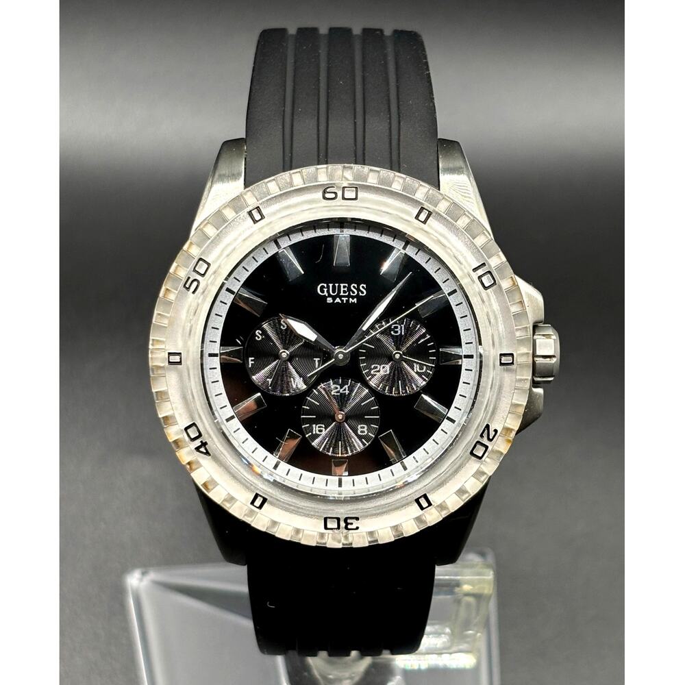 GUESS W85027G3 Men's Multifunction Clear Bezel Black Silicone Strap 44mm Watch